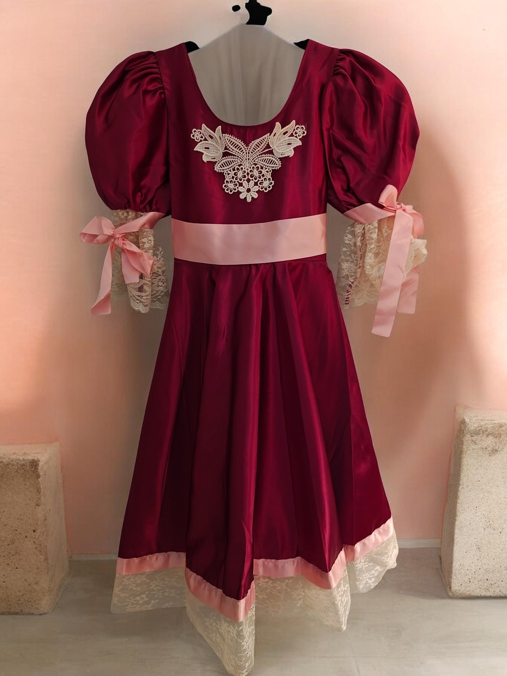 Girls Burgundy Satin Lace-Trim Costume Dress with Pink Sash size CSM
